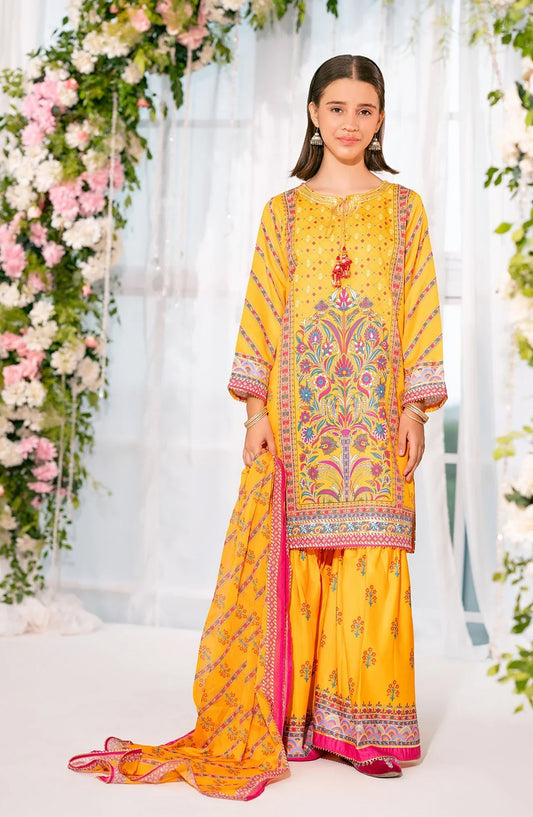 Ochre Digital Printed Herringbone Stitched 3 Piece Suit - CORF-35 - OCH25VEL - Yellow - Girls Festive Collection