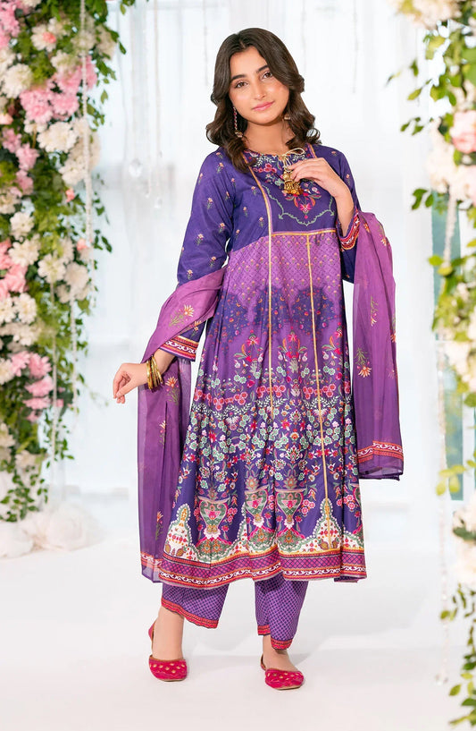 Ochre Digital Printed Herringbone Stitched 3 Piece Suit - CORF-33 - OCH25VEL - Purple - Girls Festive Collection