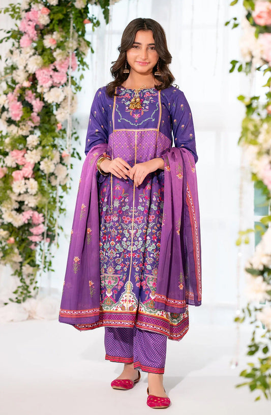 Ochre Digital Printed Herringbone Stitched 3 Piece Suit - CORF-33 - OCH25VEL - Purple - Girls Festive Collection
