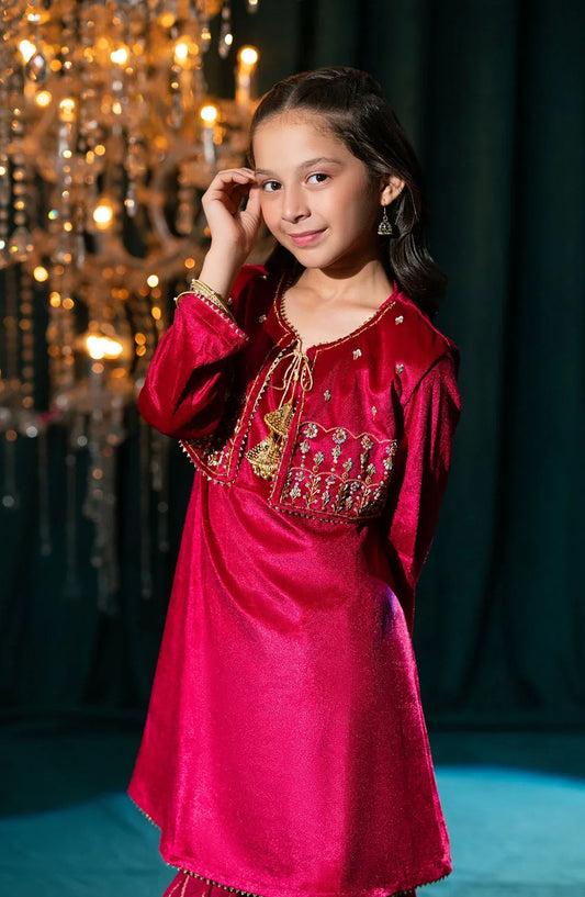 Ochre Embroidered Velvet Stitched 3 Piece Suit - OVF-49 - OCH25VEL - Red - Girls Festive Collection