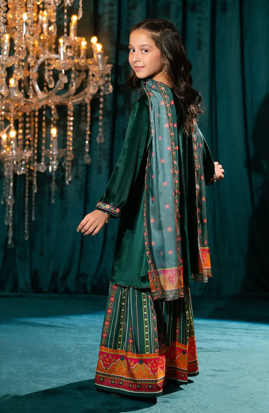 Ochre Embroidered Velvet Stitched 3 Piece Suit - OVF-46 - OCH25VEL - Green - Girls Festive Collection