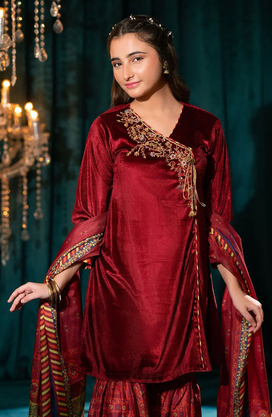 Ochre Embroidered Velvet Stitched 3 Piece Suit - OVF-45 - OCH25VEL - Maroon - Girls Festive Collection