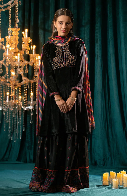 Ochre Embroidered Velvet Stitched 3 Piece Suit - OVF-43 - OCH25VEL - Black - Girls Festive Collection