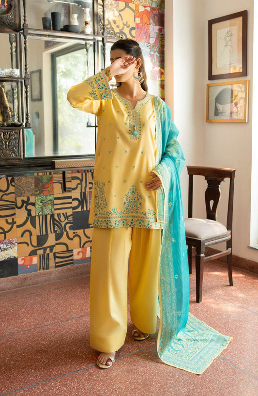 Casual Lite Embroidered Cotton Lawn Stitched 3 Piece Suit - CL25STE - Outfit-01 Lime Yellow - Eid Collection