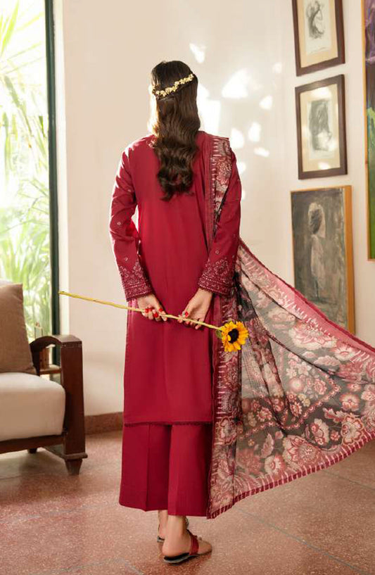 Casual Lite Embroidered Cotton Lawn Stitched 3 Piece Suit - CL25STE - Outfit-03 Maroon - Eid Collection