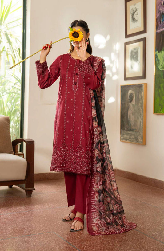 Casual Lite Embroidered Cotton Lawn Stitched 3 Piece Suit - CL25STE - Outfit-03 Maroon - Eid Collection