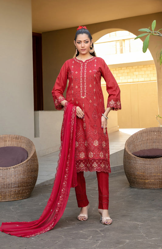 Pardes by Tawakkal Fabrics Embroidered Lawn Stitched 3 Piece Suit - D-4063 - TF26PARD - Red - Summer Collection