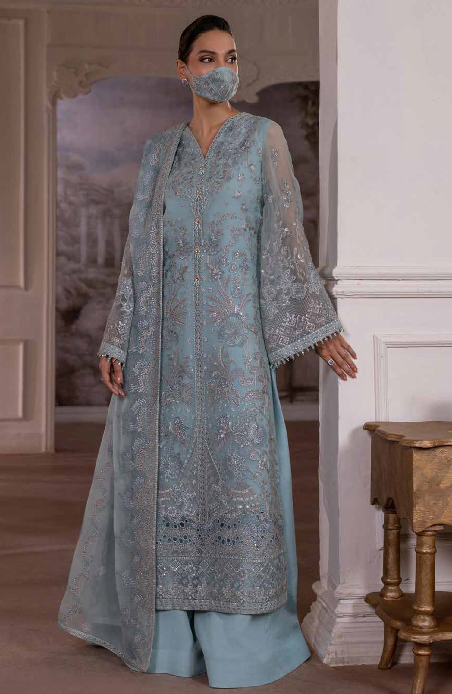 Parisa Safeera by Flossie Embroidered Chiffon Unstitched 3 Piece Suit - PA-01 - FLS26PRS - Blue - Luxury Collection