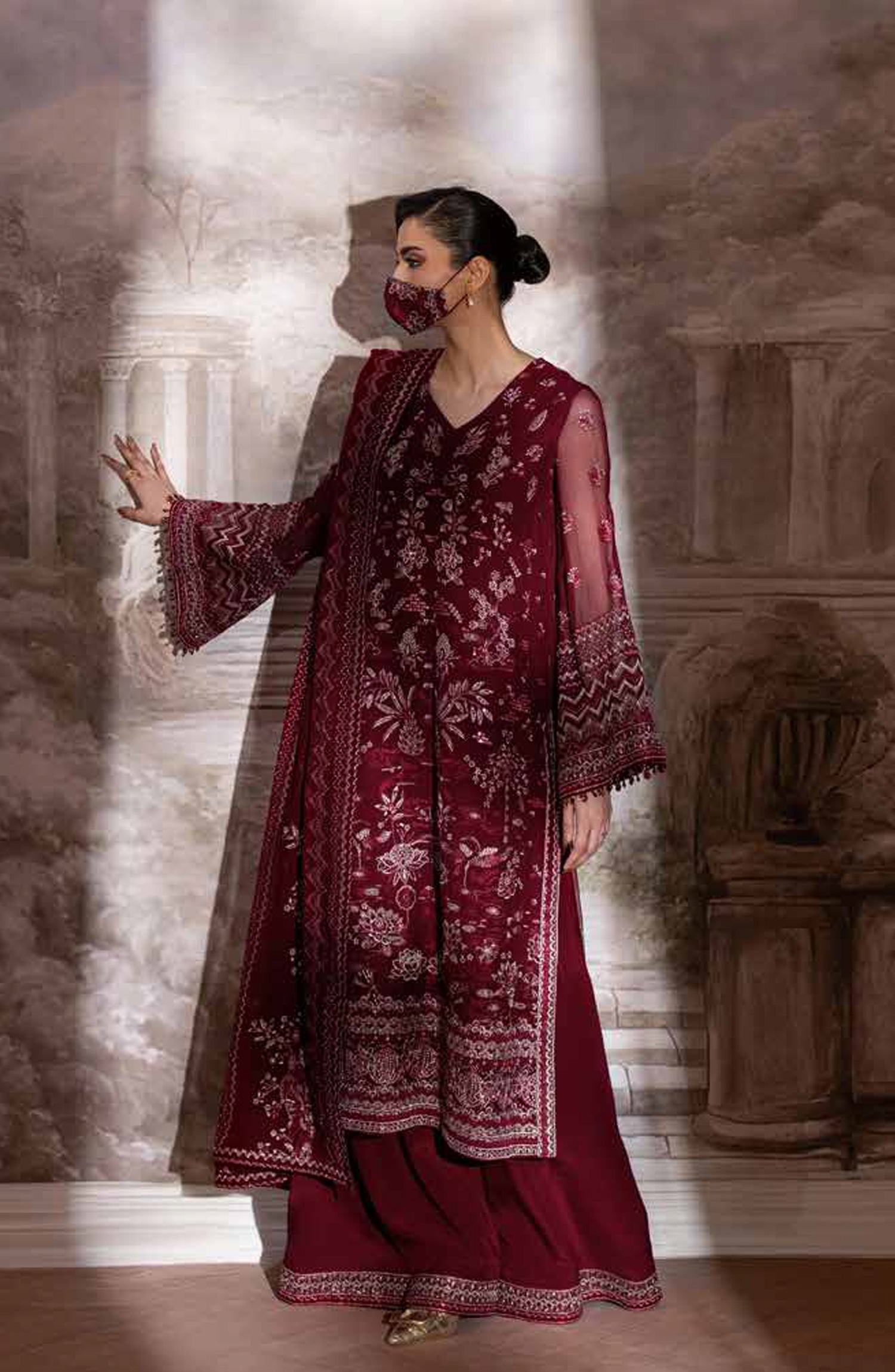 Parisa Safeera by Flossie Embroidered Chiffon Unstitched 3 Piece Suit - PA-02 - FLS26PRS - Maroon - Luxury Collection