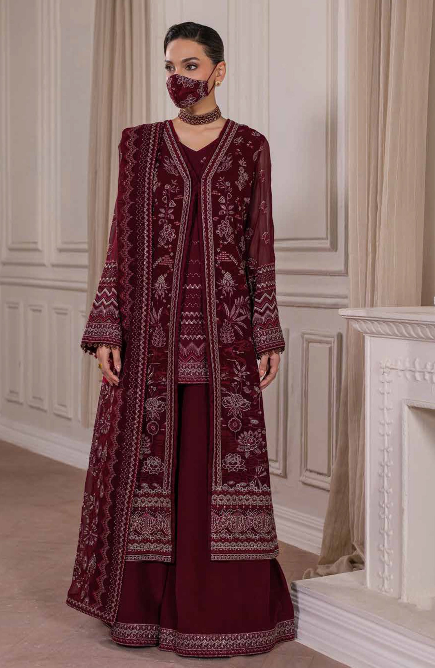 Parisa Safeera by Flossie Embroidered Chiffon Unstitched 3 Piece Suit - PA-02 - FLS26PRS - Maroon - Luxury Collection