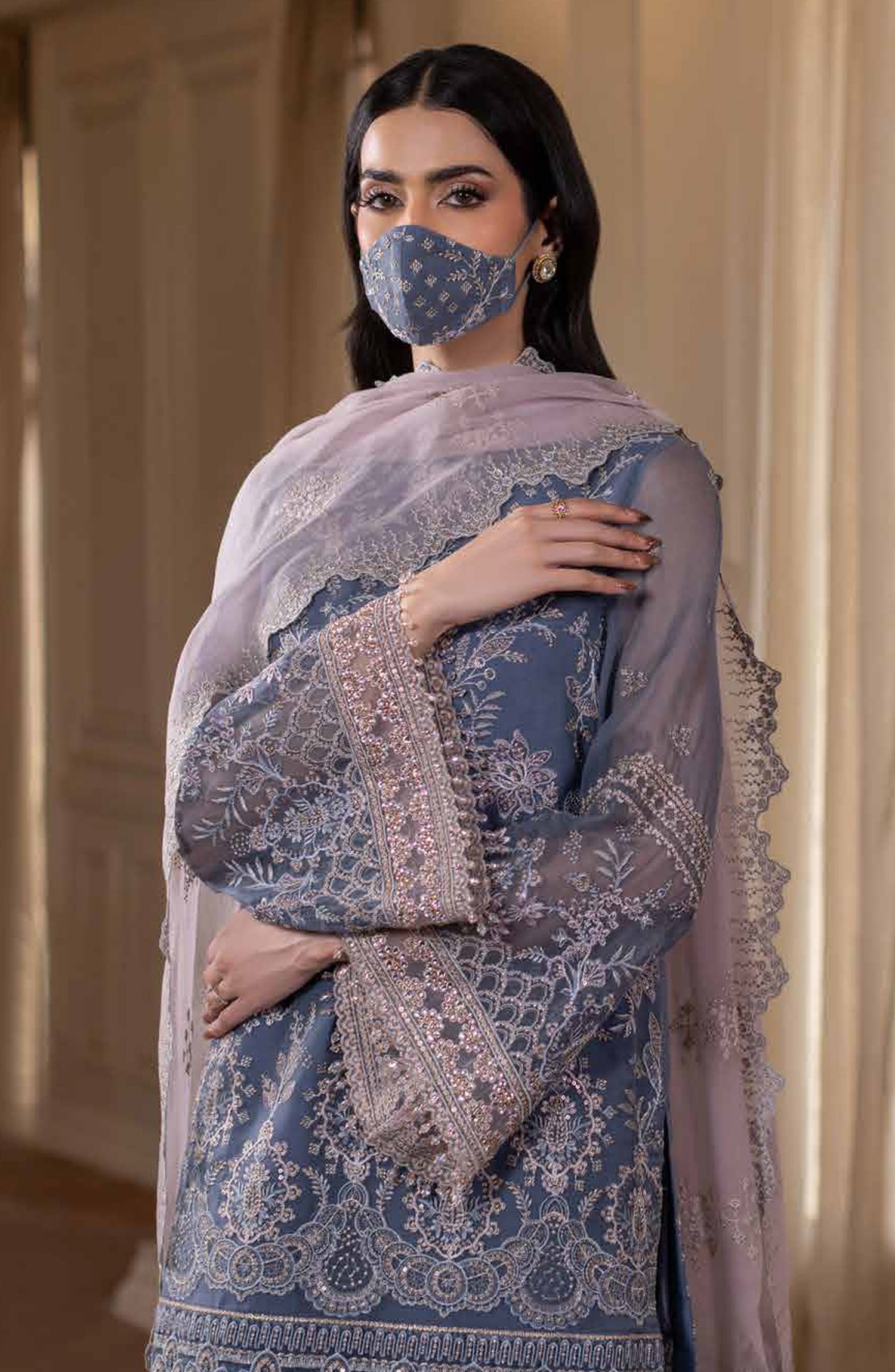 Parisa Safeera by Flossie Embroidered Chiffon Unstitched 3 Piece Suit - PA-09 - FLS26PRS - Blue - Luxury Collection