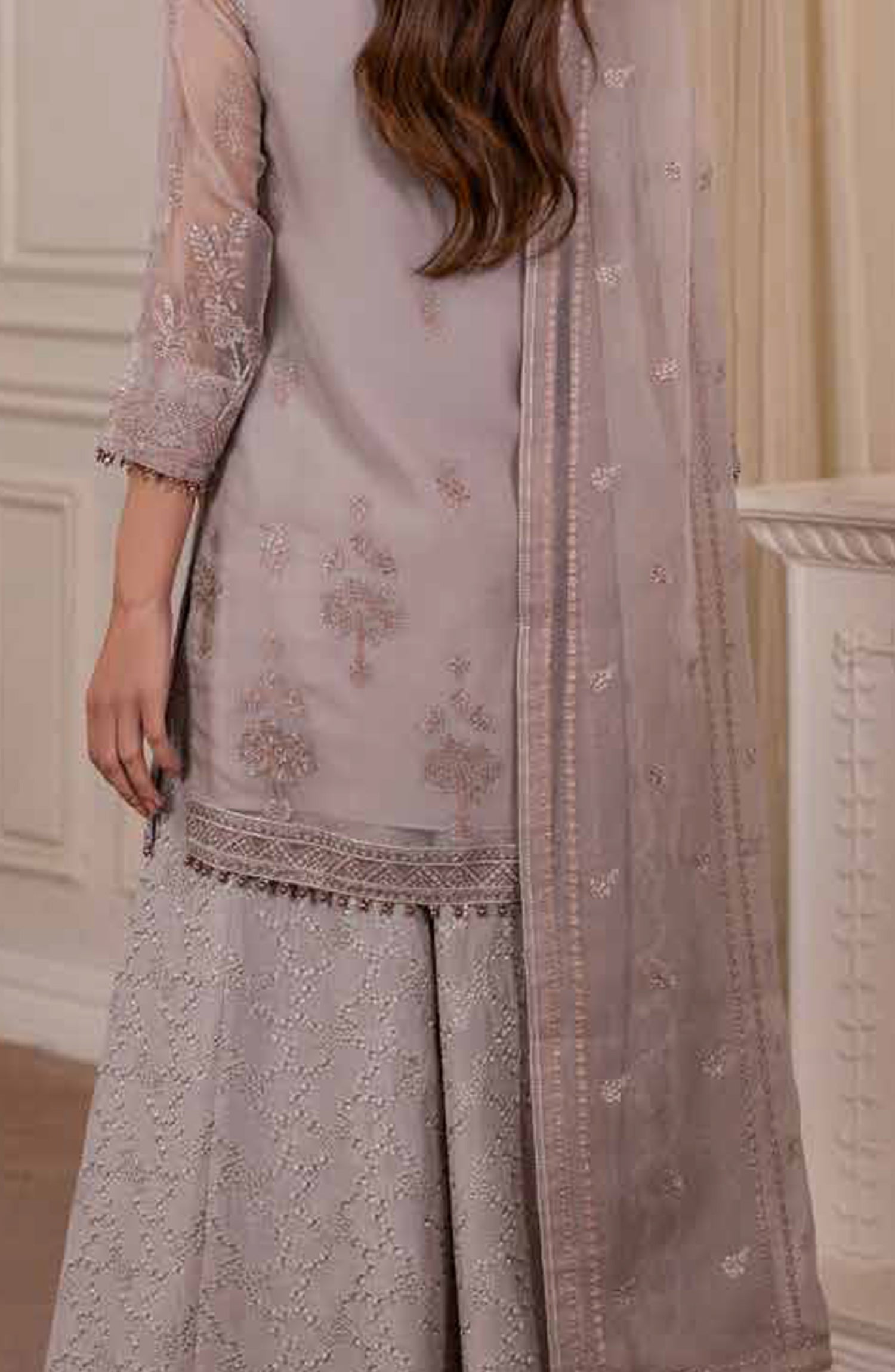 Parisa Safeera by Flossie Embroidered Chiffon Unstitched 3 Piece Suit - PA-10 - FLS26PRS - Light Grey - Luxury Collection