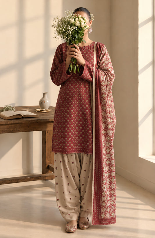 Pehchaan by Amna Khadija Printed Cotton Cambric Stitched 3 Piece Suit - AKP-04 - AM26CHN - Red - Summer Collection