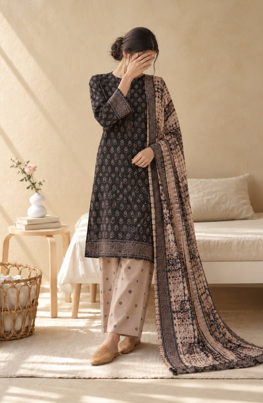 Pehchaan by Amna Khadija Printed Cotton Cambric Stitched 3 Piece Suit - AKP-05 - AM26CHN - Black - Summer Collection