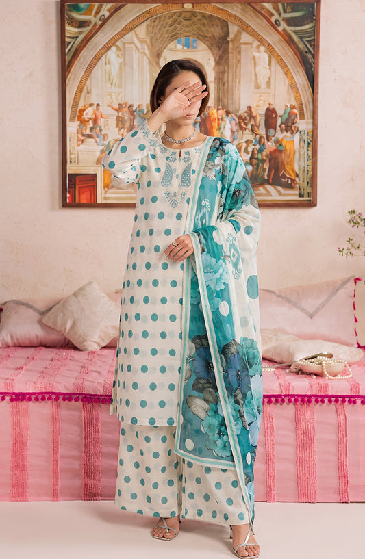 Polka Romance by Amna Khadija Embroidered Lawn Stitched 3 Piece Suit - AKPR-03 - AM26PKRM - Ferozi - Summer Collection