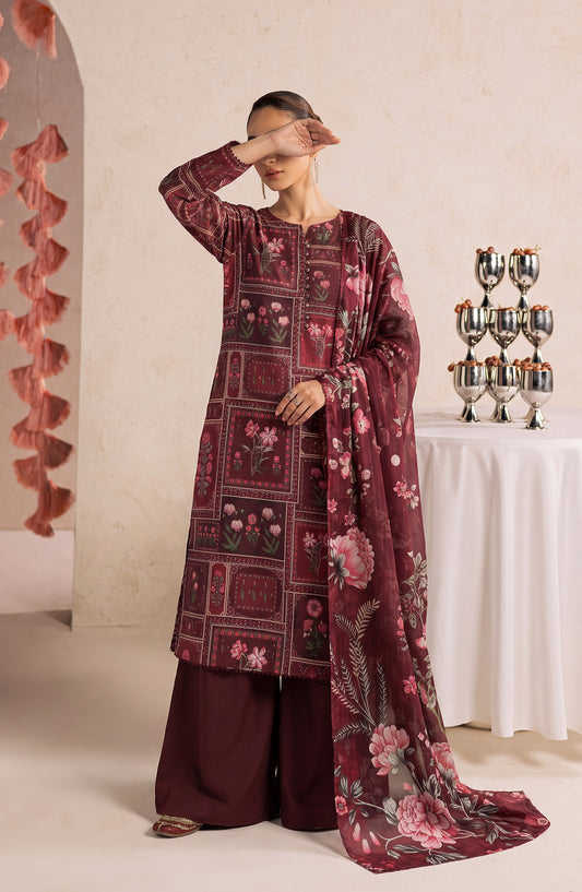 Polka Romance by Amna Khadija Printed Lawn Stitched 3 Piece Suit - AKPR-06 - AM26PKRM - Maroon - Summer Collection