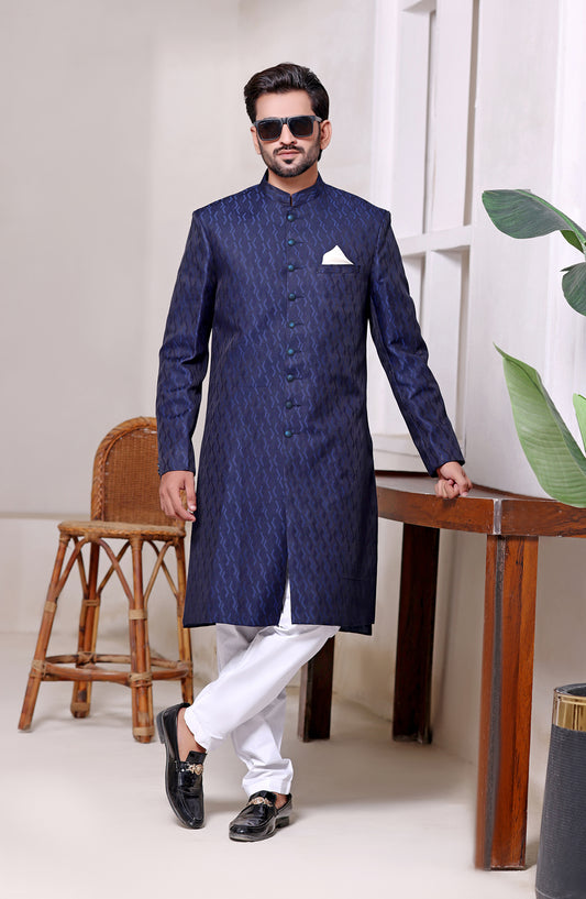 TGM The Royal Edit Jamawar Stitched Sherwani - Prussian Blue Sherwani - TGM26ROY - Blue - Men Festive Collection