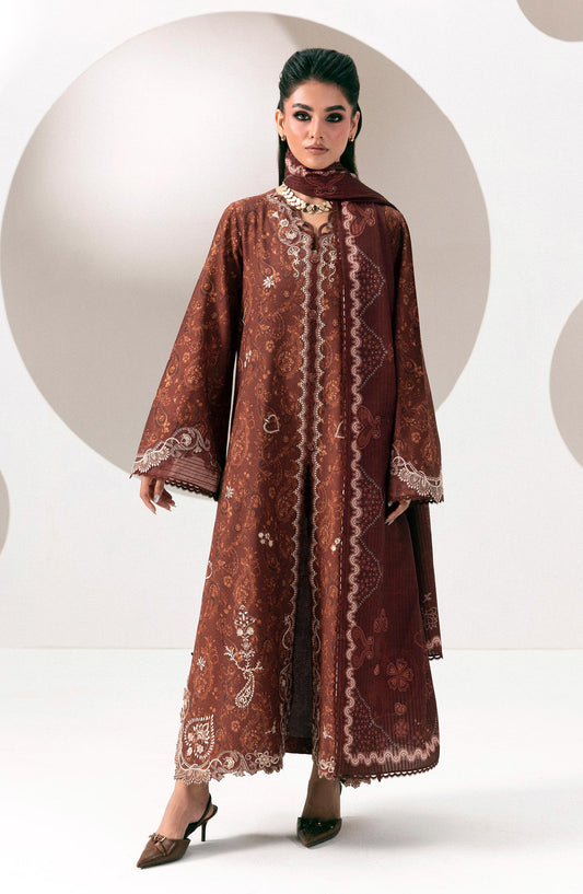 Qalamkar Embroidered Slub Linen Unstitched 3 Piece Suit - QPW-01A - QL26LI - Rust - Winter Collection