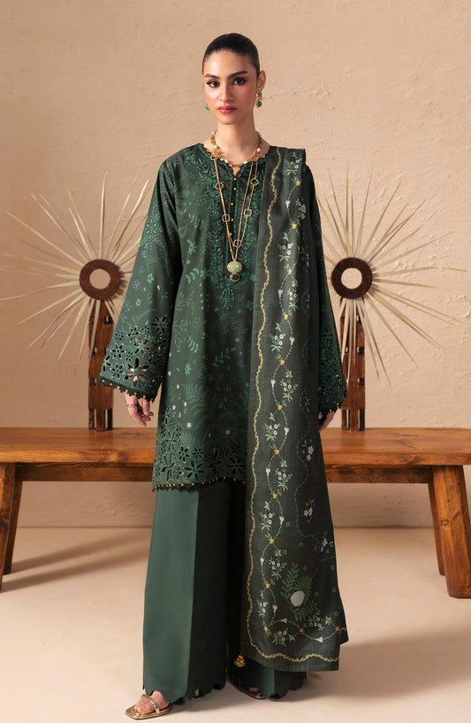 Qalamkar Embroidered Slub Linen Unstitched 3 Piece Suit - QPW-04B - QL26LI - Green - Winter Collection
