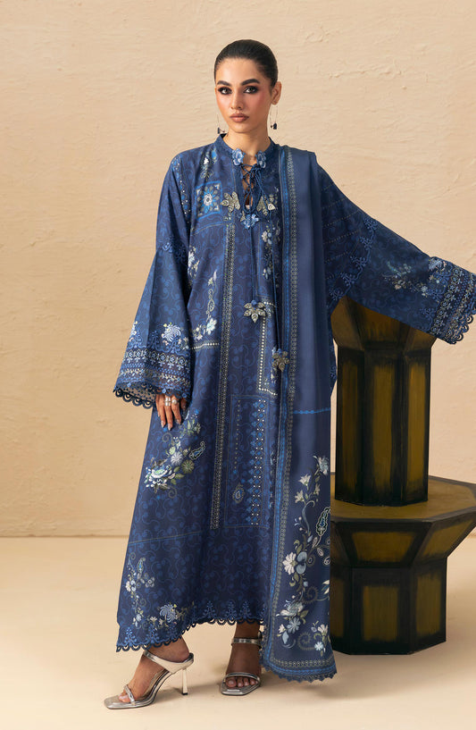 Qalamkar Embroidered Slub Linen Unstitched 3 Piece Suit - QPW-05B - QL26LI - Blue - Winter Collection