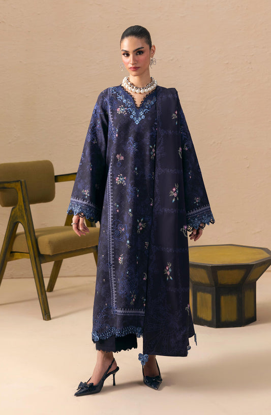 Qalamkar Embroidered Slub Linen Unstitched 3 Piece Suit - QPW-08A - QL26LI - Blue - Winter Collection