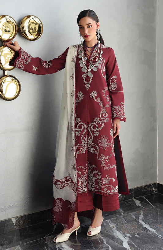 Qalamkar Qline Embroidered Lawn Unstitched 3 Piece Suit - QKL-08 Nisa - QL26LN - Red - Summer Collection