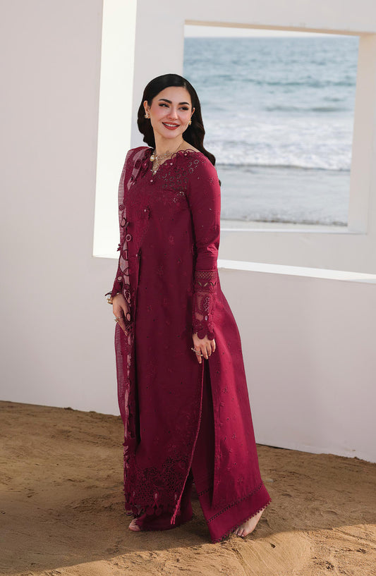 Qalamkar Sahil Luxury Embroidered Lawn Unstitched 3 Piece Suit - SA-14 Nelam - QL26SHL - Maroon - Summer Collection