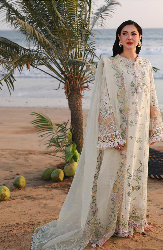 Qalamkar Sahil Luxury Embroidered Lawn Unstitched 3 Piece Suit - SA-10 ilara - QL26SHL - White - Summer Collection