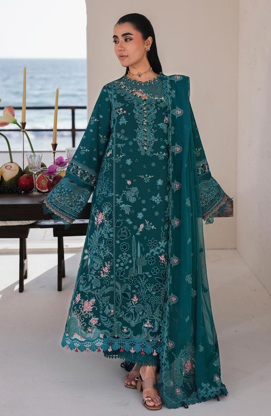 Qalamkar Sahil Luxury Embroidered Lawn Unstitched 3 Piece Suit - SA-04 Elif - QL26SHL - Teal - Summer Collection
