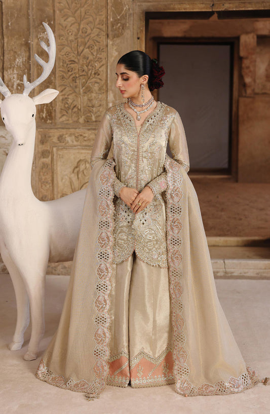 Qalamkar Shadmani Embroidered Zari Tissue Unstitched 3 Piece Suit - RH-07 AMEERA - QL25SHD - Fawn - Wedding Formals Collection