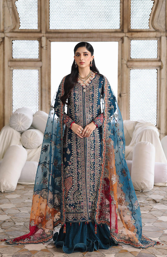 Qalamkar Shadmani Embroidered Raw Silk Unstitched 3 Piece Suit - RH-02 NEELAM - QL25SHD - Blue - Wedding Formals Collection