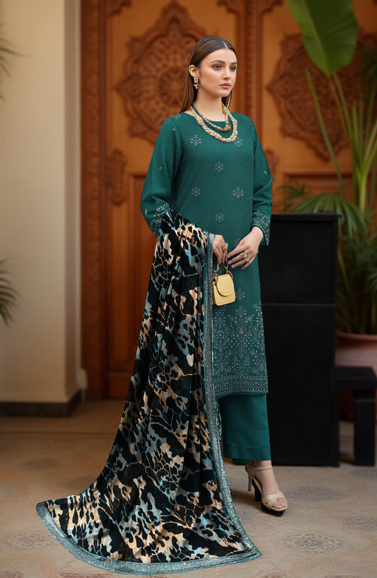 Queen Sweet Embroidered Peach Unstitched 3 Piece Suit - Design-05 - QU25ALK - Green - Luxury Collection