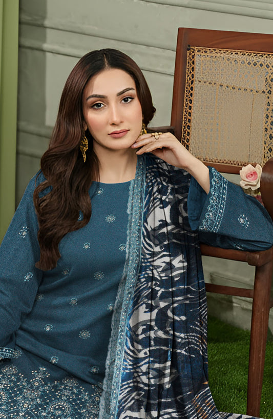 Queen Embroidered Sweet Peach Unstitched 3 Piece Suit - Design-06 - QU25SW - Teal - Winter Collection
