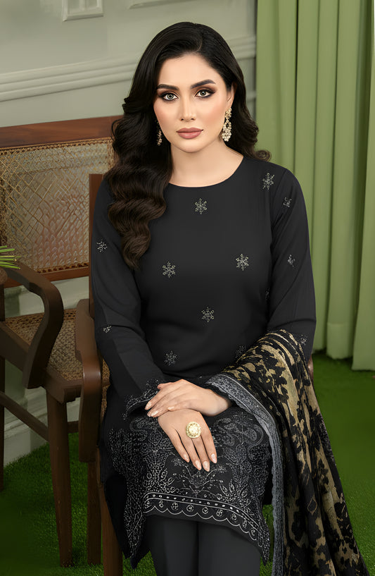 Queen Embroidered Sweet Peach Unstitched 3 Piece Suit - Design-04 - QU25SW - Black - Winter Collection