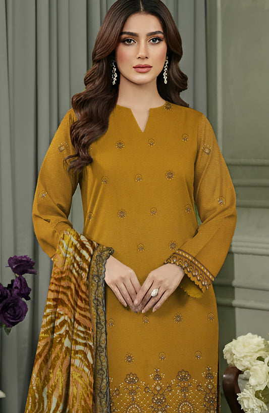 Queen Embroidered Sweet Peach Unstitched 3 Piece Suit - Design-01 - QU25SW - Mustard - Winter Collection