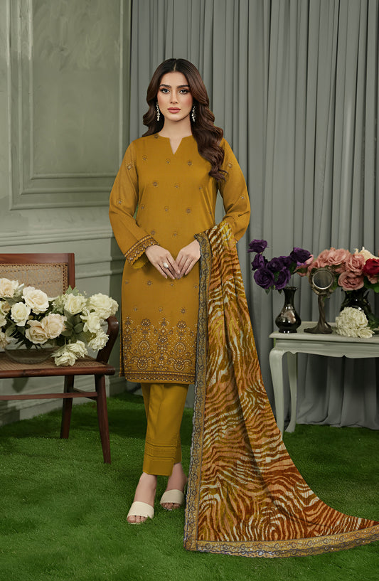 Queen Embroidered Sweet Peach Unstitched 3 Piece Suit - Design-01 - QU25SW - Mustard - Winter Collection