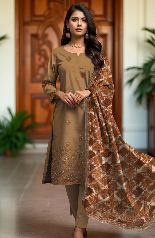 Queen Sweet Embroidered Peach Unstitched 3 Piece Suit - Design-02 - QU25ALK - Beige - Luxury Collection