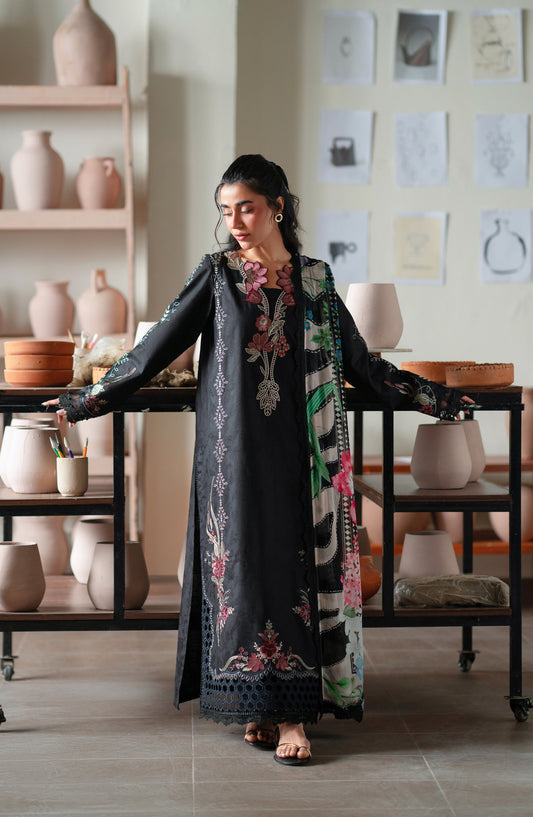 RAHA by Nureh Embroidered Lawn Jacquard Unstitched 3 Piece Suit - NE-239 - NL26RH - Black - Summer Collection