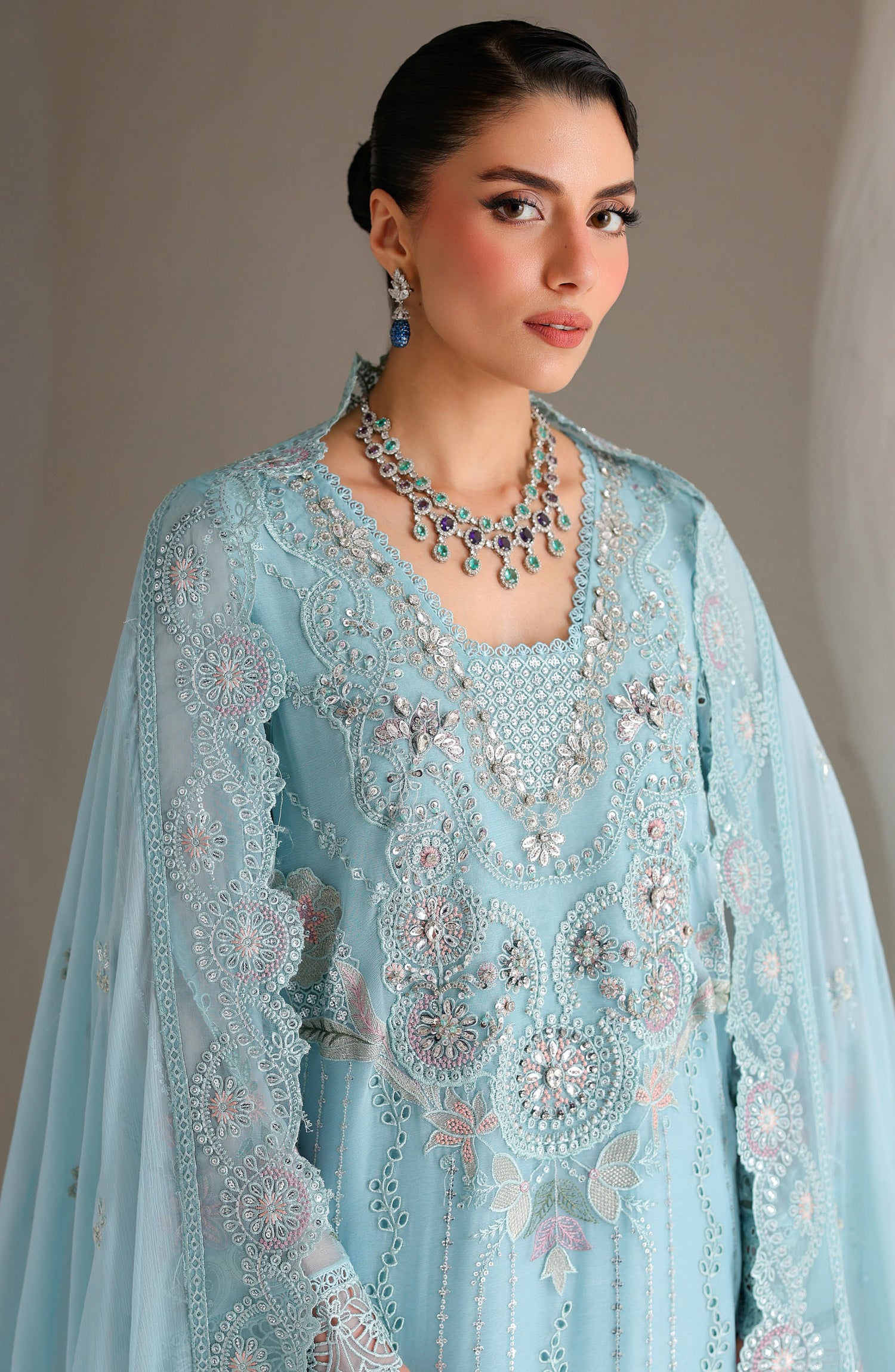 Ramsha Satrangi Embroidered Chiffon Unstitched 3 Piece Suit - ST-208 - RM26STG - Blue - Festive Collection