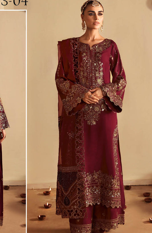 Ramsha Luxury Formals Embroidered Raw Silk Stitched 3 Piece Suit - S-04 - RM25LFS - Maroon - Signature Series