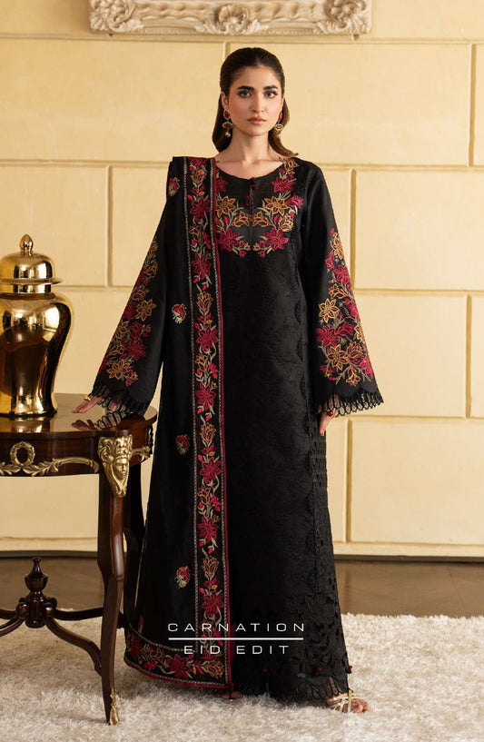 Rang Rasiya Carnation Embroidered Lawn Unstitched 3 Piece Suit - Ezra - RR26CR - Black - Festive Collection