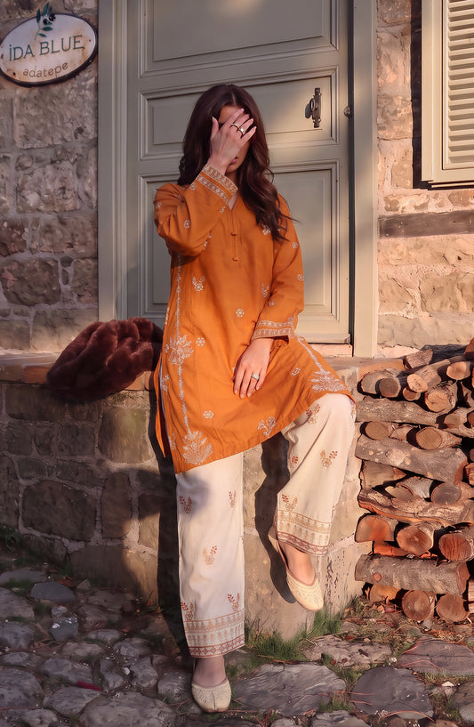 Rang e Mirha by Amna Khadija Embroidered Cotton Lawn Stitched 2 Piece Suit - AKRM-01 - AM26RGMR - Mustard - Summer Collection