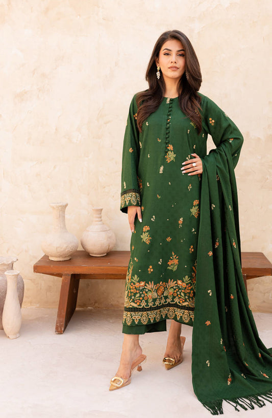 Rashid Textile Chamkeeli Embroidered Dhanak Zari Wool Unstitched 3 Piece Suit - D-4008 - RSH25CHM - Green - Winter Collection