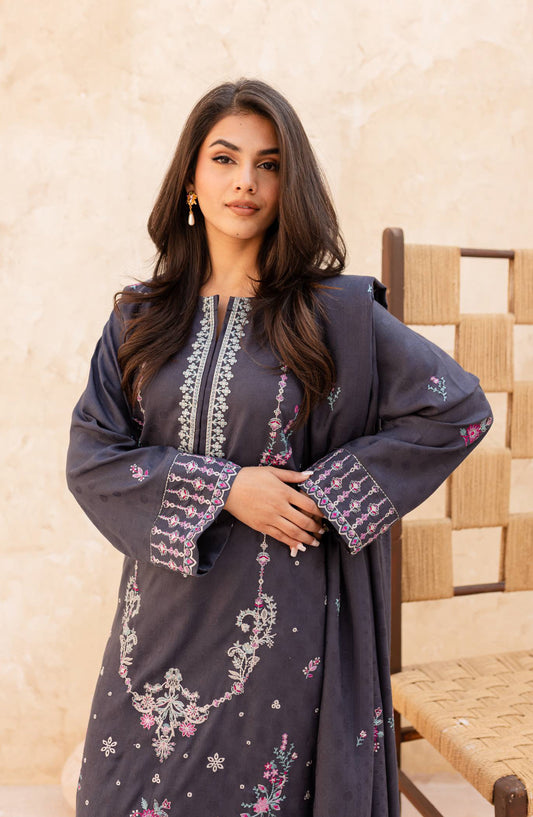 Rashid Textile Chamkeeli Embroidered Dhanak Zari Wool Unstitched 3 Piece Suit - D-4006 - RSH25CHM - Grey - Winter Collection