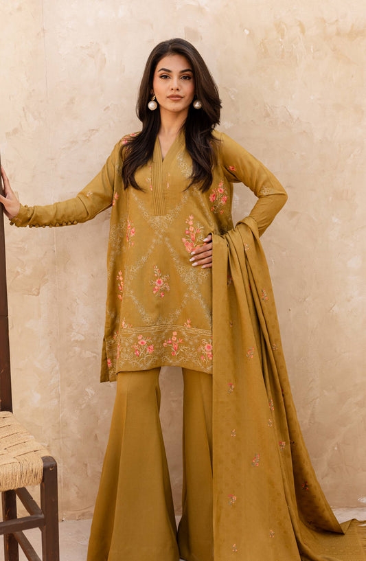 Rashid Textile Chamkeeli Embroidered Dhanak Zari Wool Unstitched 3 Piece Suit - D-4005 - RSH25CHM - Dhani - Winter Collection