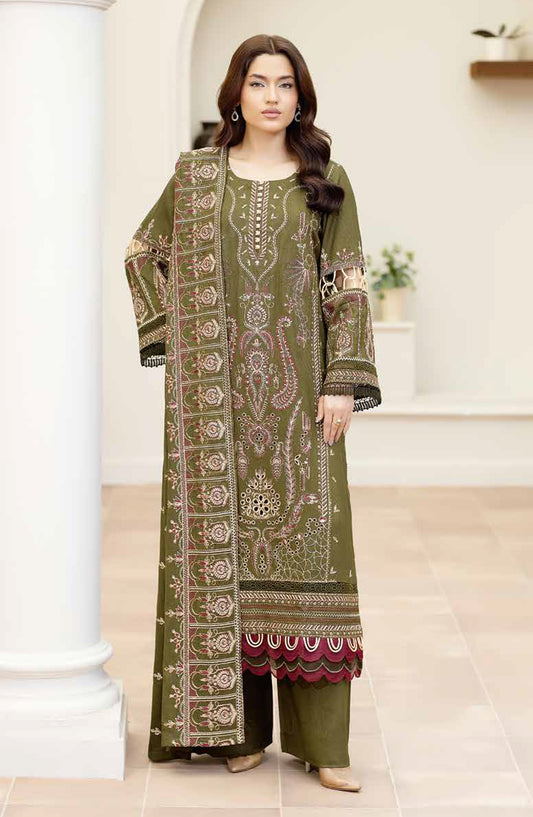 Reet by Johra Fancy Embroidered Peach Leather Unstitched 3 Piece Suit - JW-627 - JH25REET - Green - Winter Collection