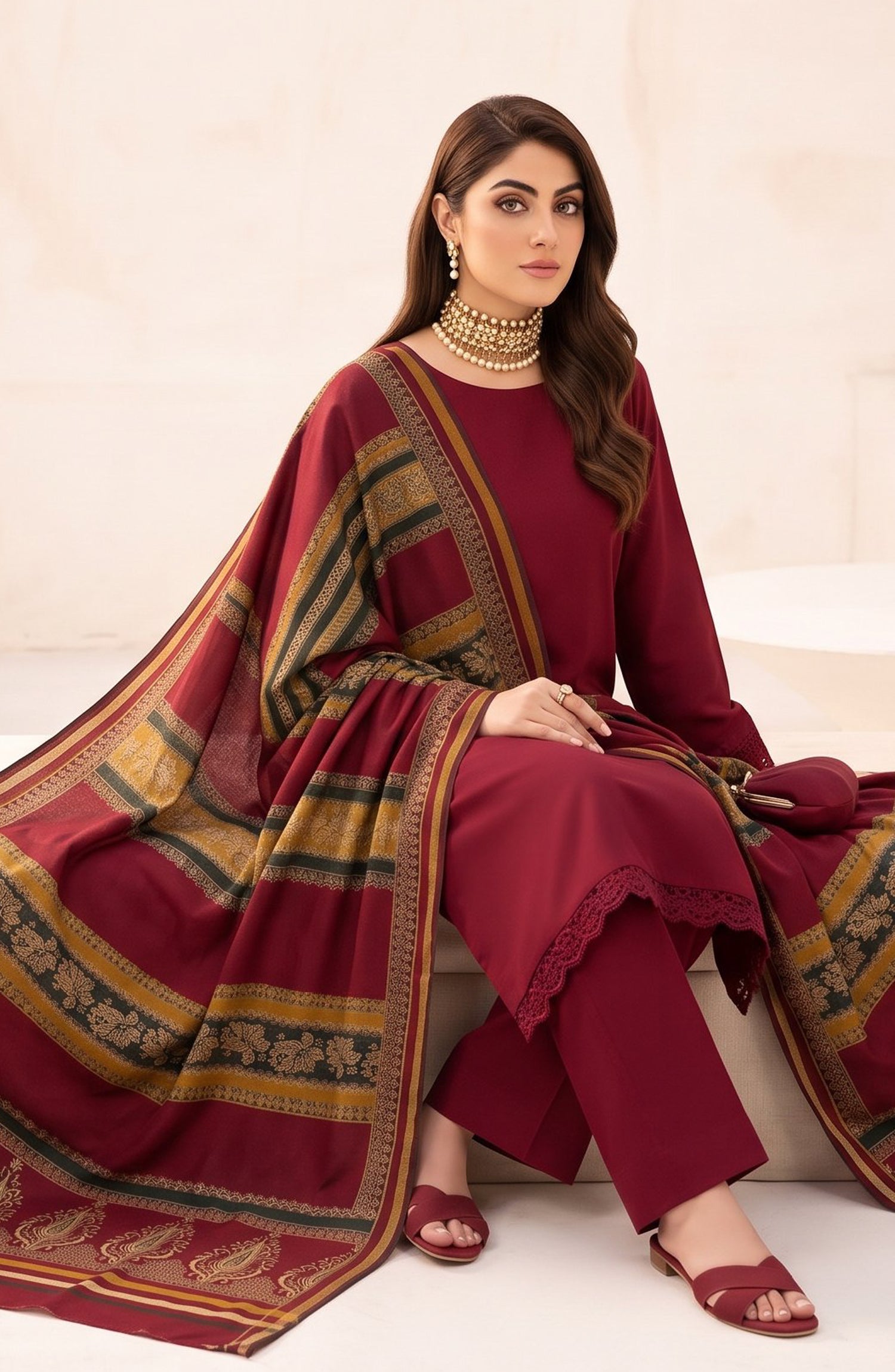 Resham by Amna Khadija Dhanak Unstitched 3 Piece Suit - D-01 - AM26REM - Maroon - Winter Collection