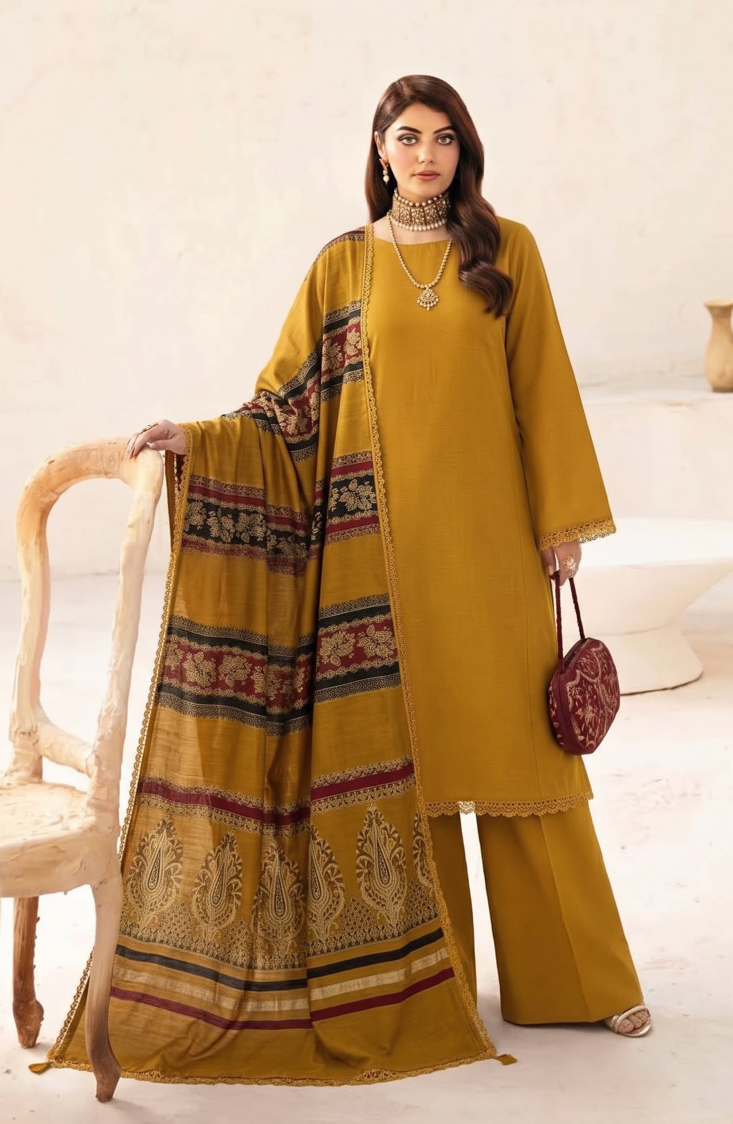 Resham by Amna Khadija Dhanak Unstitched 3 Piece Suit - D-03 - AM26REM - Mustard - Winter Collection