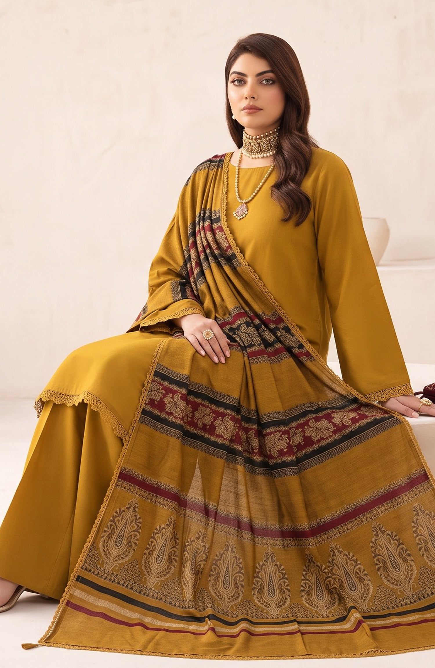 Resham by Amna Khadija Dhanak Unstitched 3 Piece Suit - D-03 - AM26REM - Mustard - Winter Collection