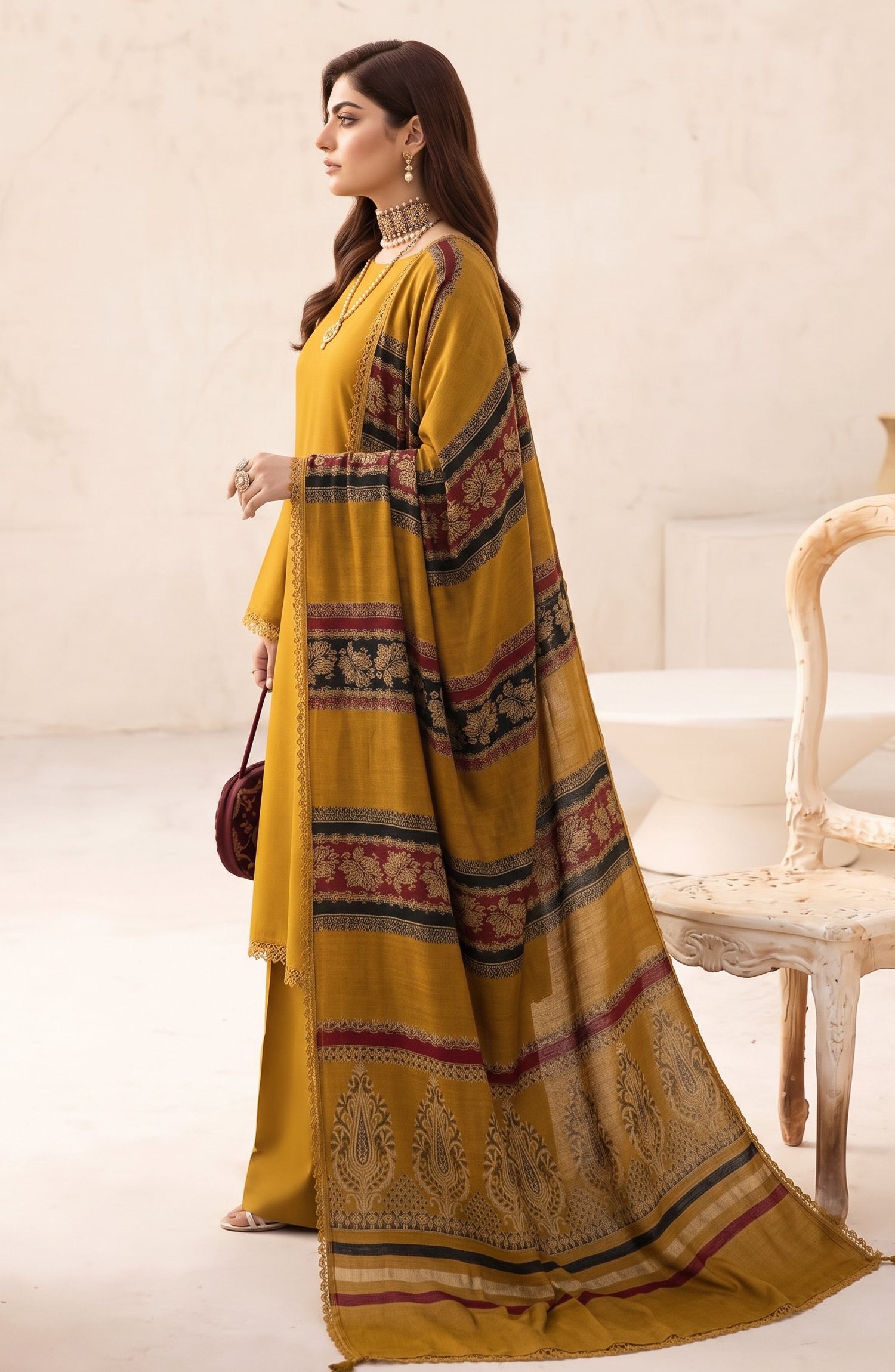 Resham by Amna Khadija Dhanak Unstitched 3 Piece Suit - D-03 - AM26REM - Mustard - Winter Collection